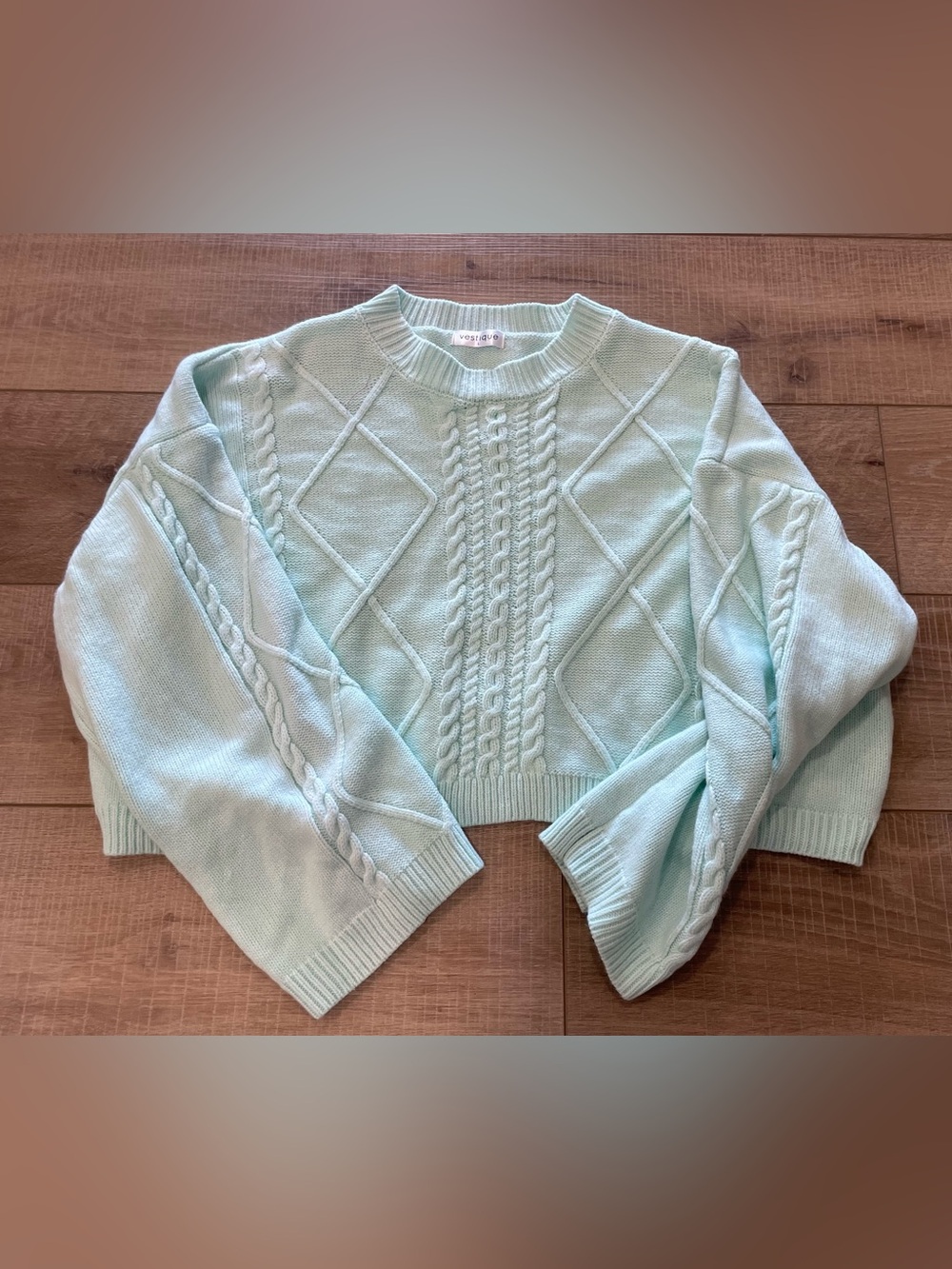 vestique Pastel Mint Cable & Diamond Crewneck Sweater
